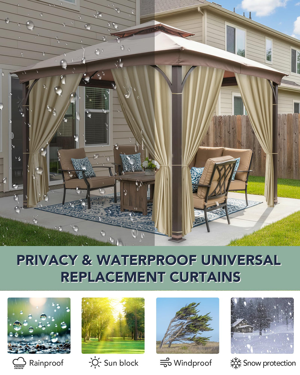 Patio Curtains Outdoor Waterproof with Zipper, 4-Panel, Cream