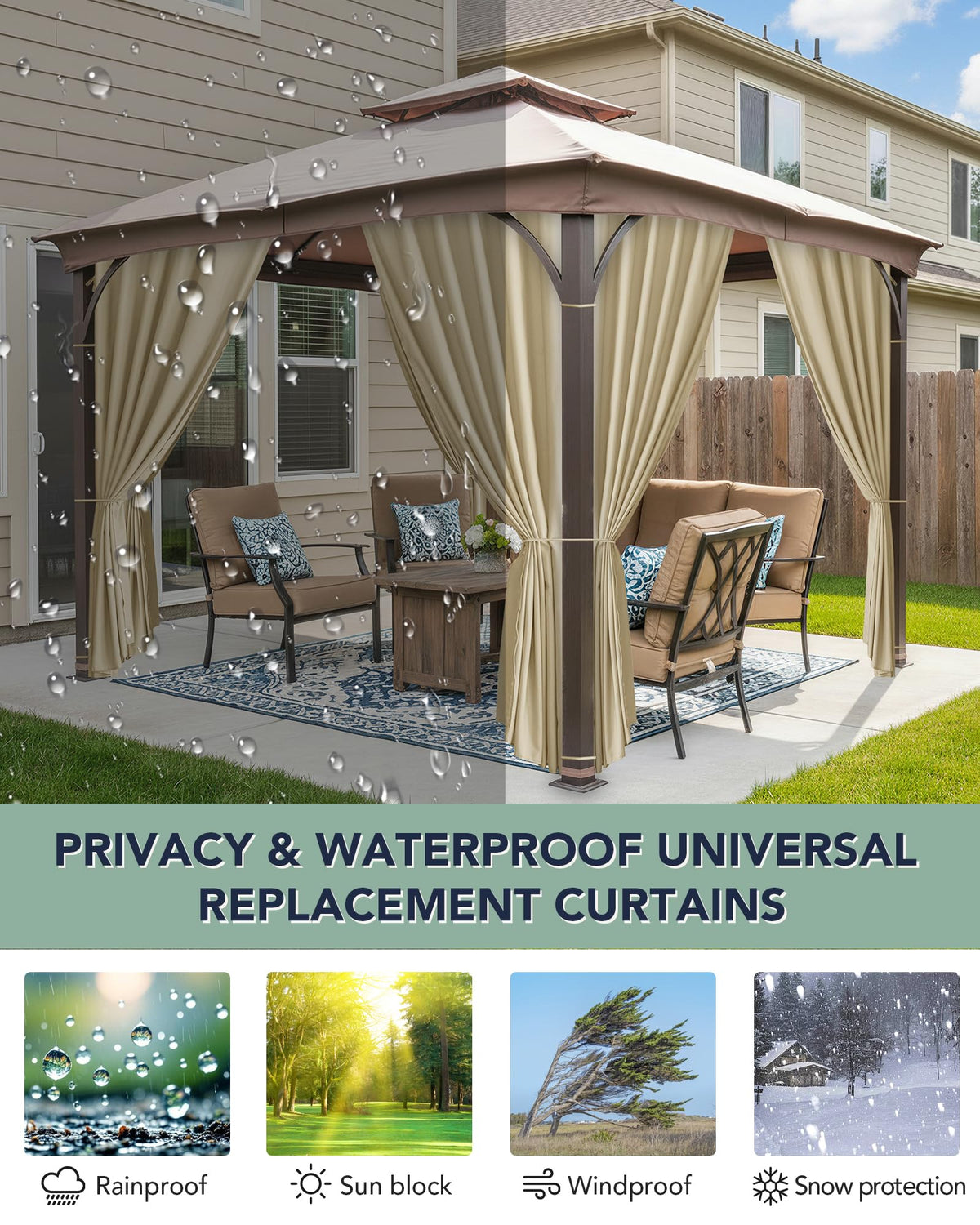 Patio Curtains Outdoor Waterproof with Zipper, 4-Panel, Cream