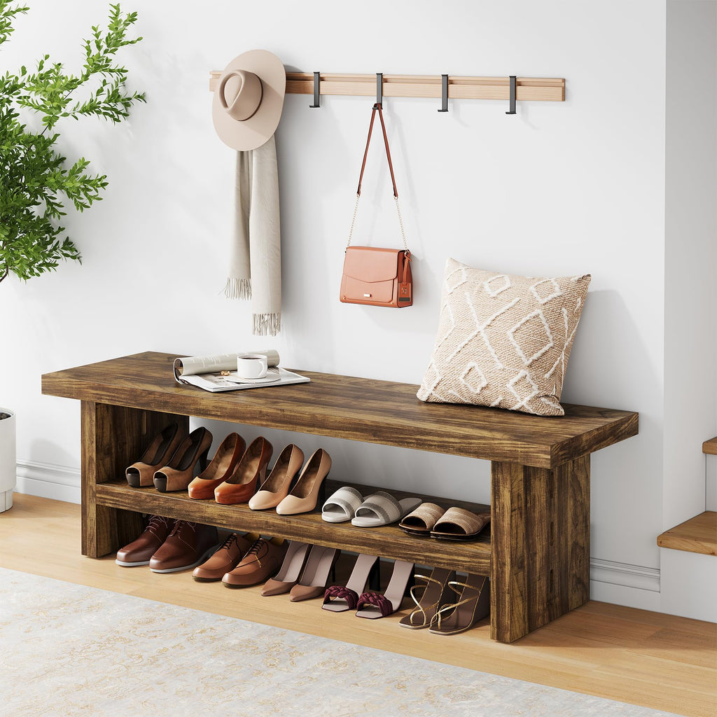 47" 2-Tier Wooden Entryway Bench with Shoe Storage, Rustic Brown