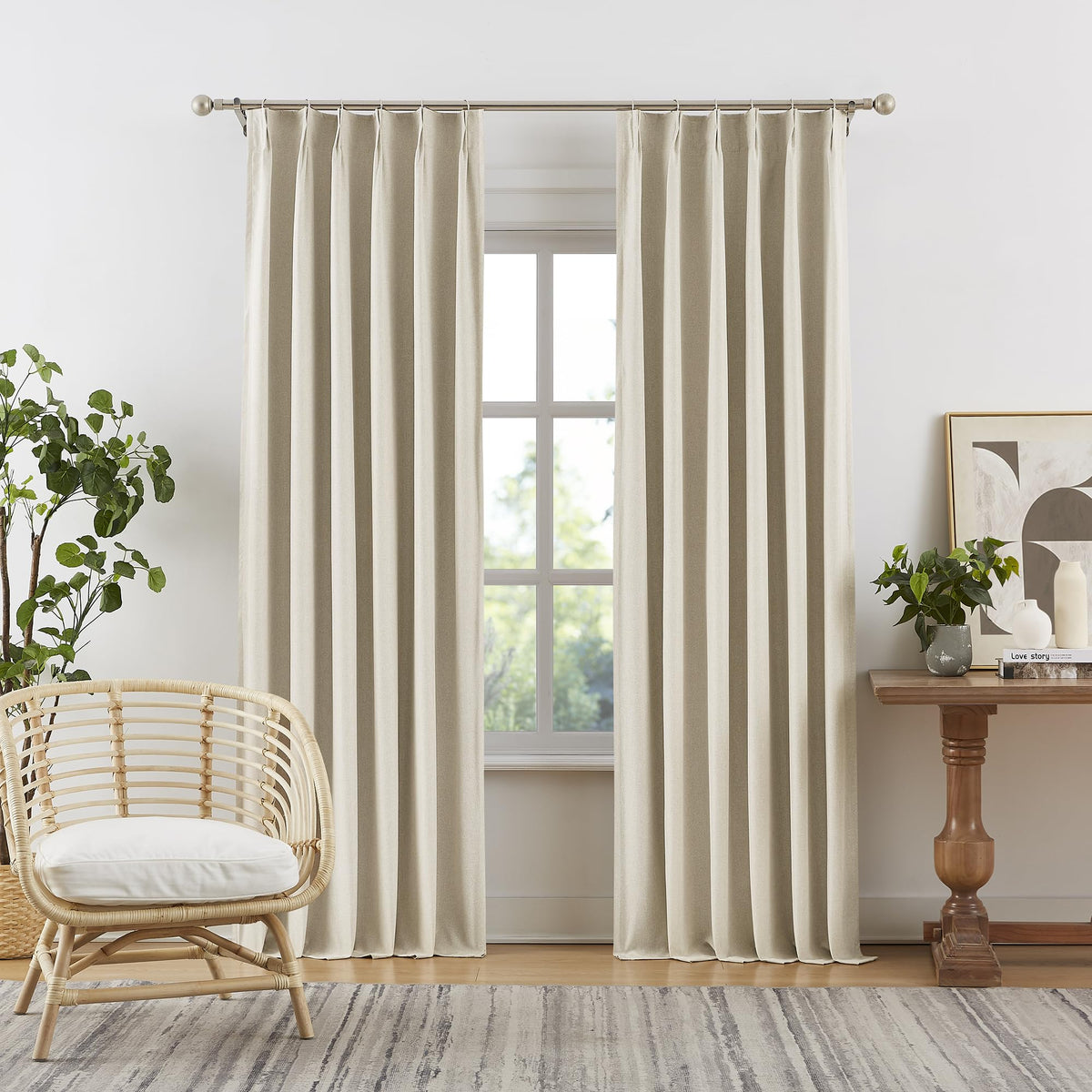 Pinch Pleated Curtains 84 Length 2 Panels Set, Cream Beige Pleated Bedroom Windows Neutral Boho Drapes with Hooks for