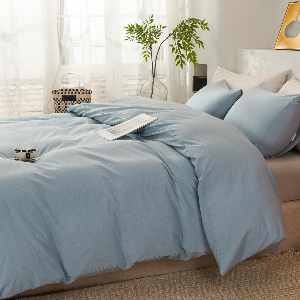 Cotton 3 Pcs Duvet Cover Set Linen Feel Haze Blue Queen