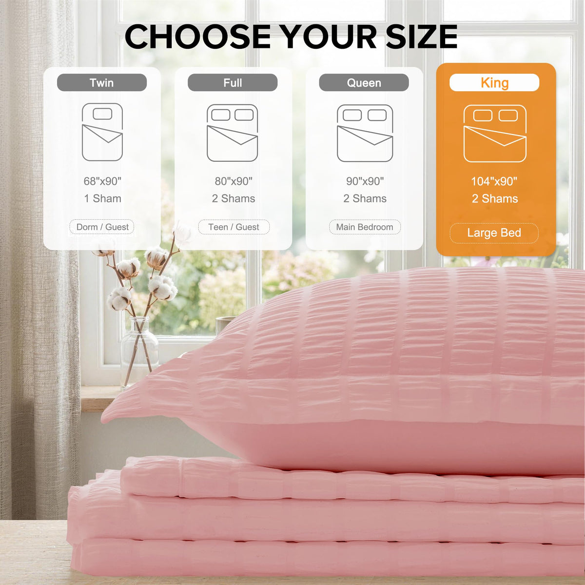 Duvet Cover, 3 Pieces Seersucker Duvet Cover Set, Pink