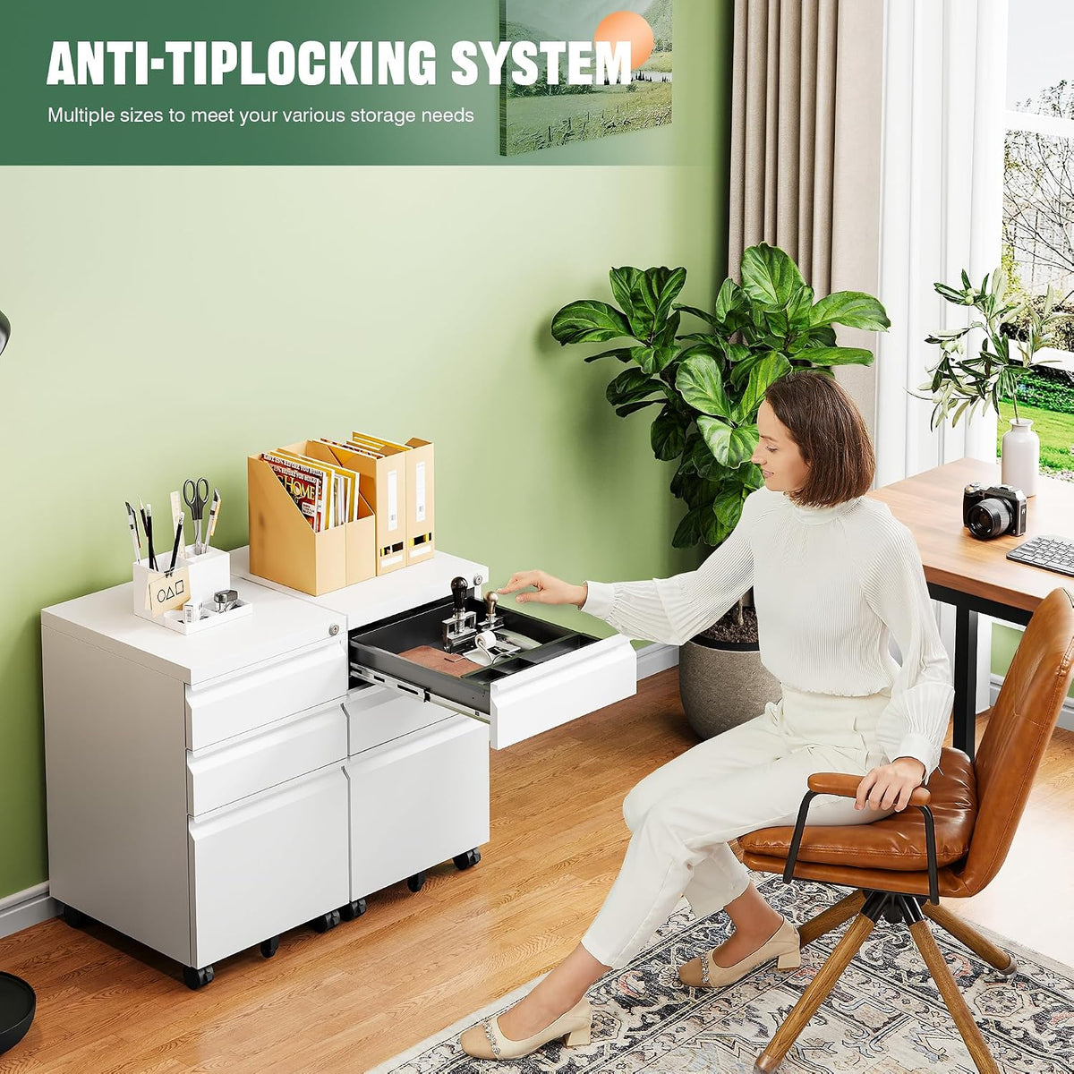 3 Drawer Mobile File Cabinet with Lock, Under Desk Metal Filing Cabinets Organizer Letters/Legal/A4(Fully