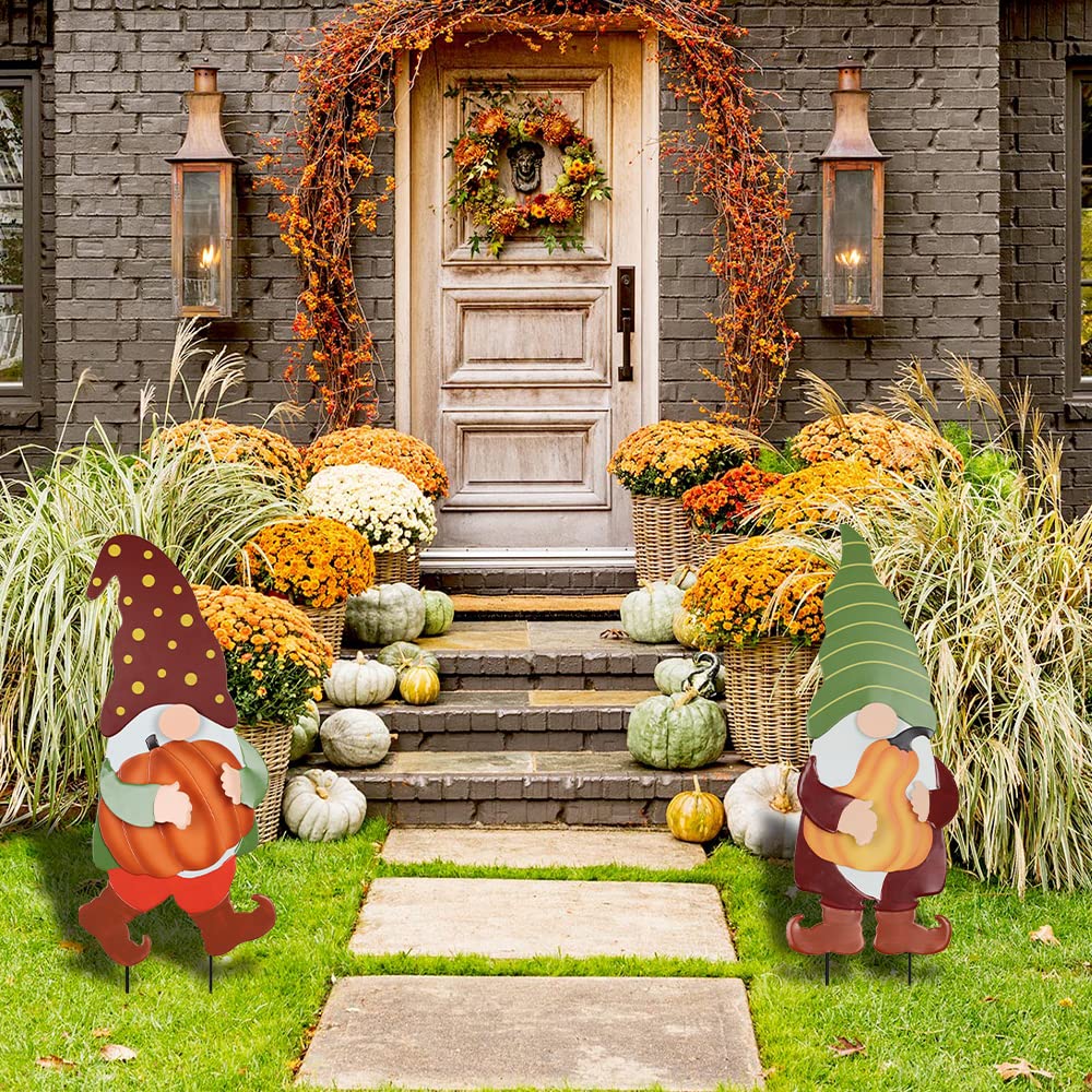 Fall Decorations Outdoor, 2 Pack 25" Decorative Garden Stakes with Gnomes Pumpkin for Fall Decor, Metal Yard Signs