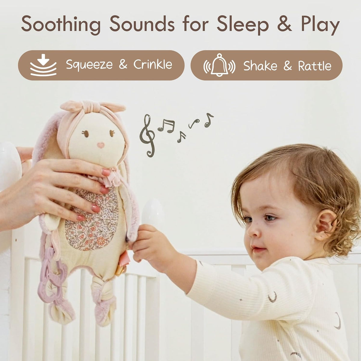 Baby Lovey with Silicone Teether, Bunny Security Blanket with Textured Ribbons, Crinkle Toys, Soft Minky Velour &
