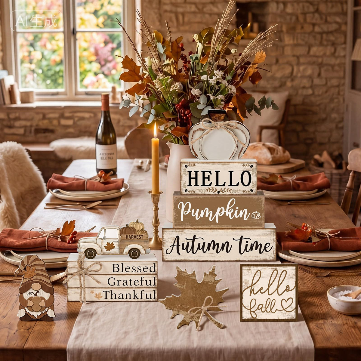11 Pcs Fall Decorations Set Vintage Pumpkin Maple Leaf Gnome Signs