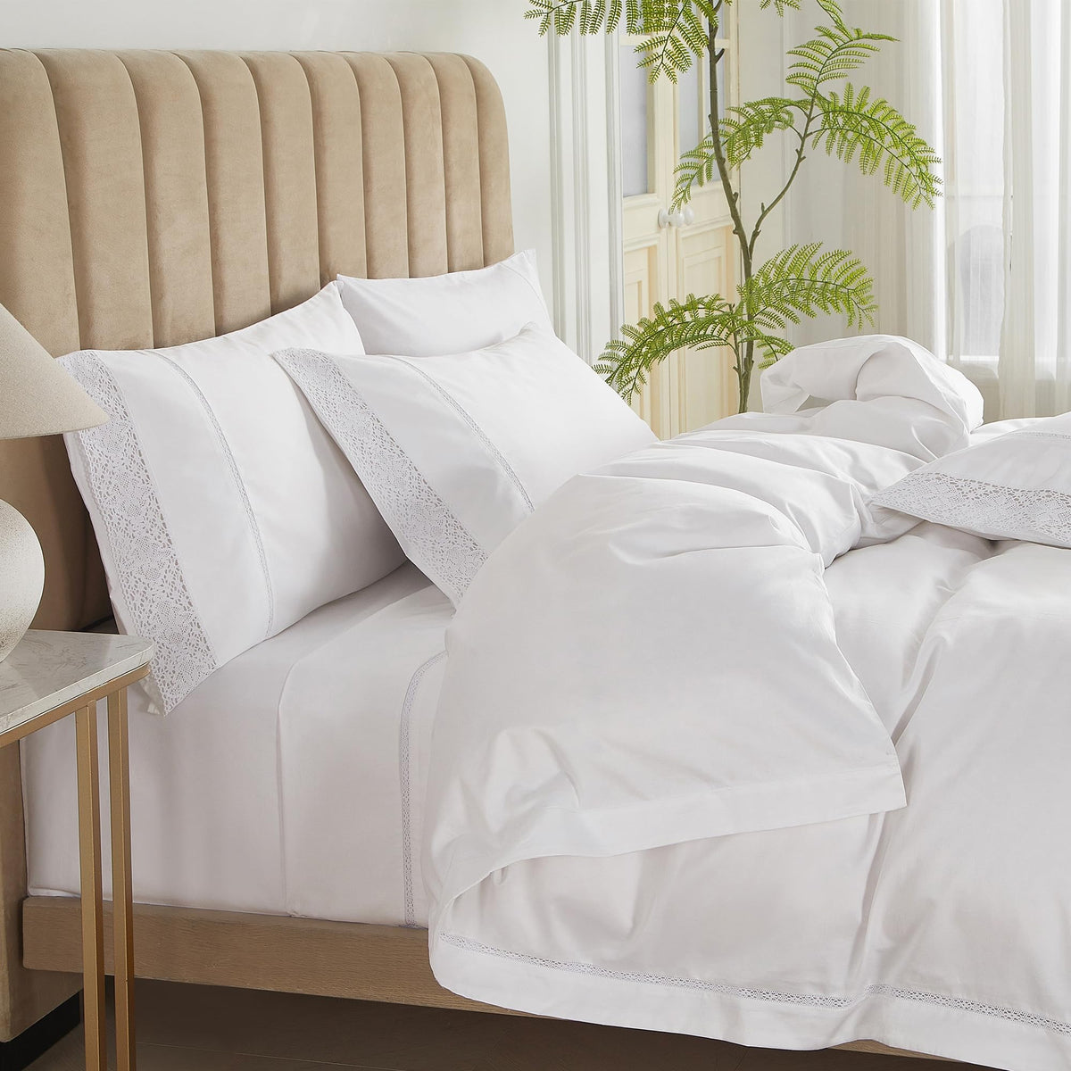 100% Cotton Percale Duvet Cover Queen Size, with Lace Pillowcases, 90x90