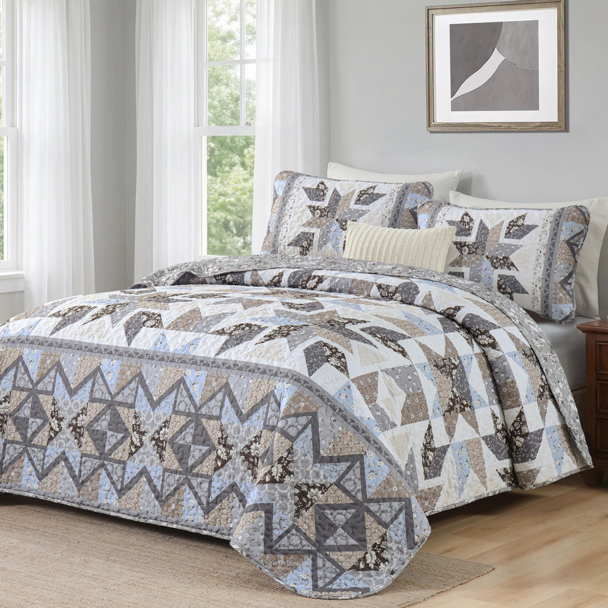 Patchwork Quilts, Reversible Grey Floral Quilt Bedding Set