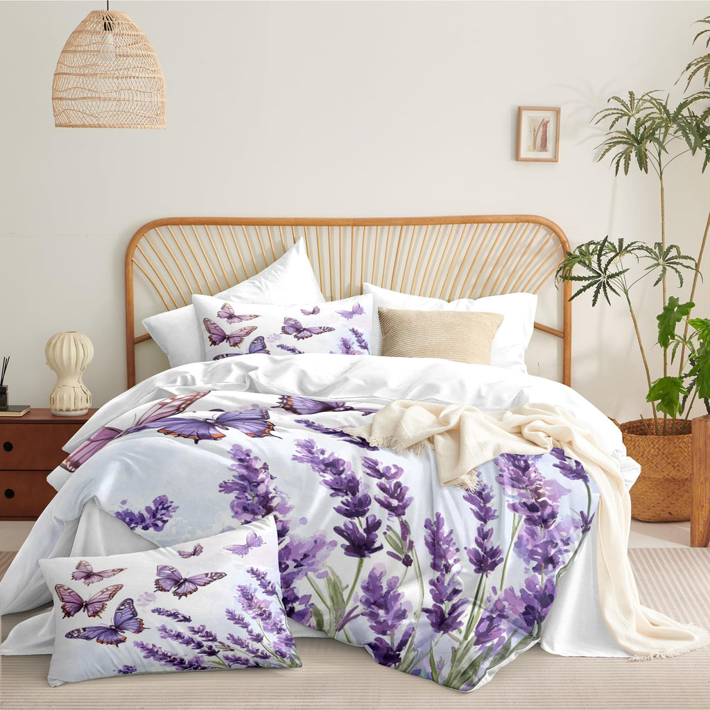 Purple Lavender Queen Comforter Set, Butterfly Bedding Set Soft Victorian Style Flowers Print - 3 Pieces Fluffy