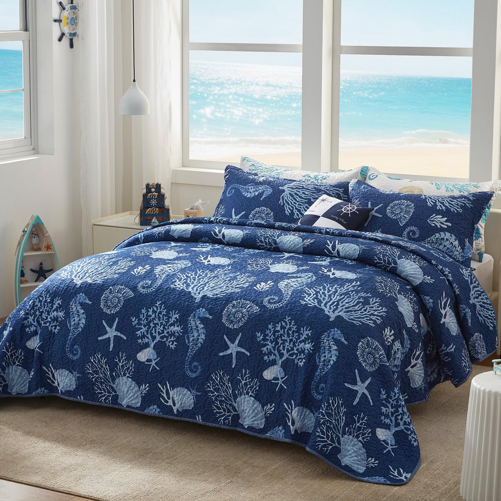 Coastal Quilt Set - Lightweight Microfiber Reversible Bedspread, 98''x106'', Navy, Includes 2 Shams