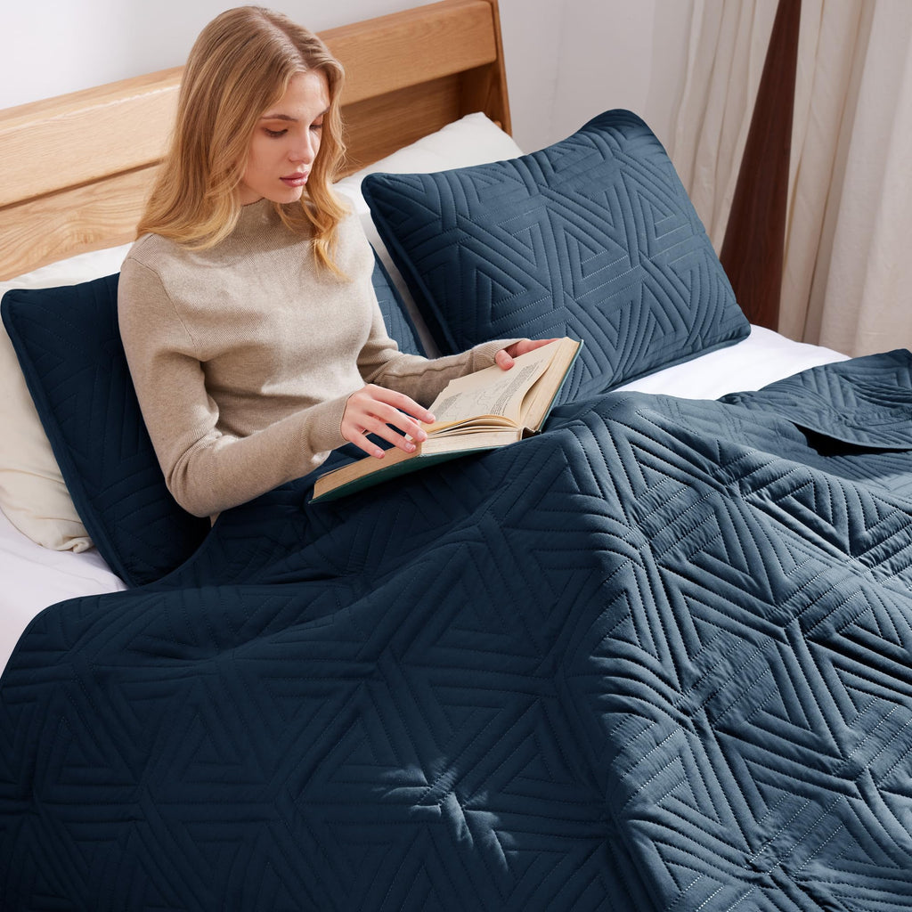 Soft Geometric Quilt Set for All Seasons, Navy