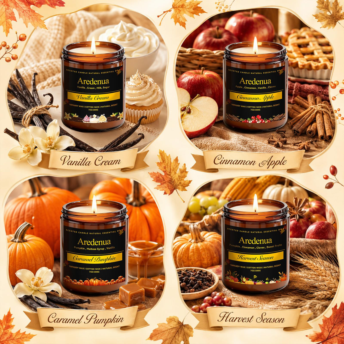 Fall Candles Set, 4 Pack, Cozy Autumn Seasonal Soy Candles Gift