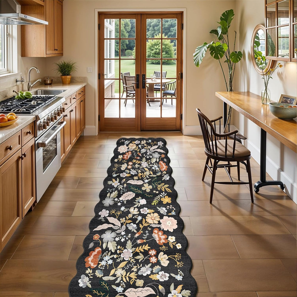 Scalloped Hallway Runner Rug: Washable Non Slip Boho Floor Mat Black