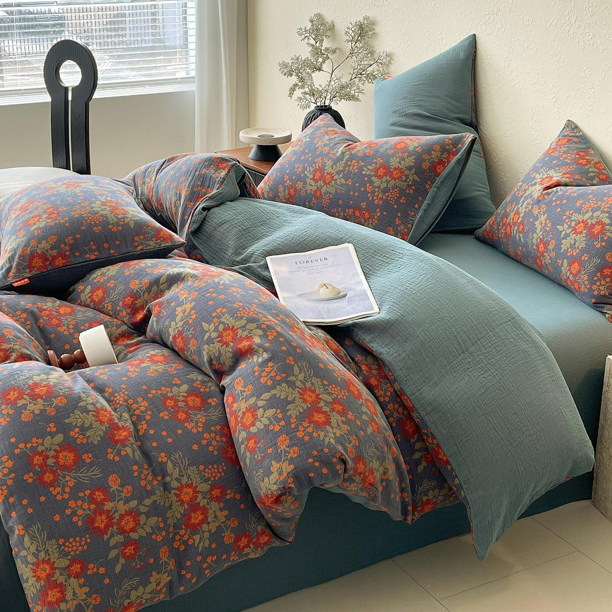 Vintage Garden Floral Duvet Cover Twin Soft 100% Muslin Cotton Jacquard Texture Bedding Set Chic Vibrant Floral