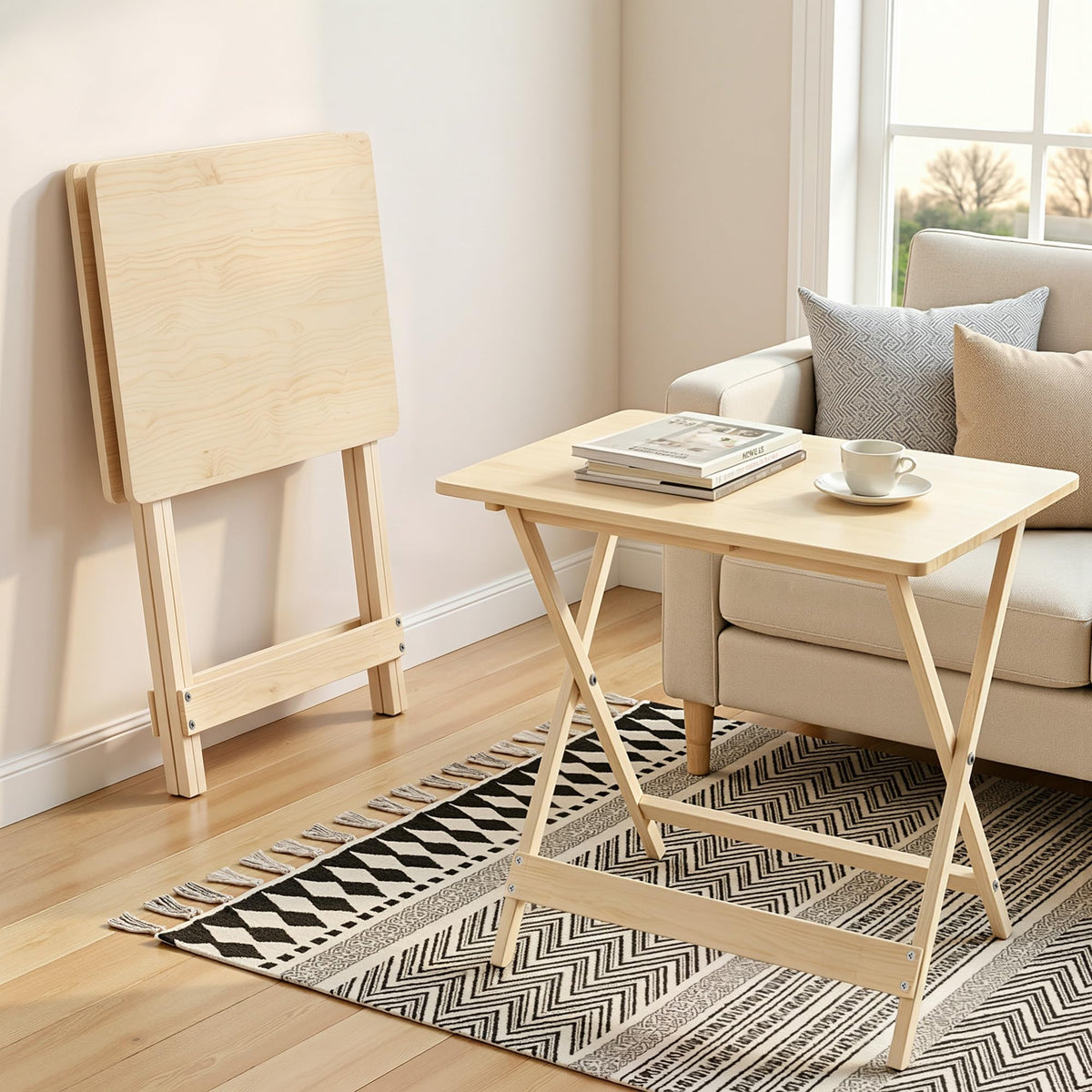 Folding Table Set of 2, Modern Wood Portable Snack TV Trays, Easy to Clean & Assemble, Natural