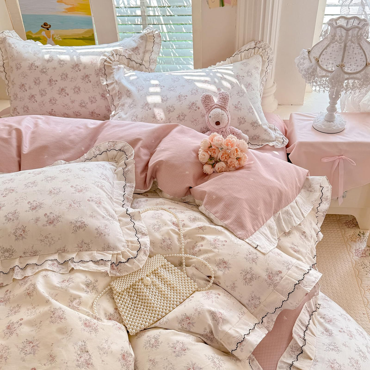 Vintage Floral Duvet Cover Set, Aesthetic Pink Flower Bedding Set with Romantic Ruffle, 100% Cotton Botanical