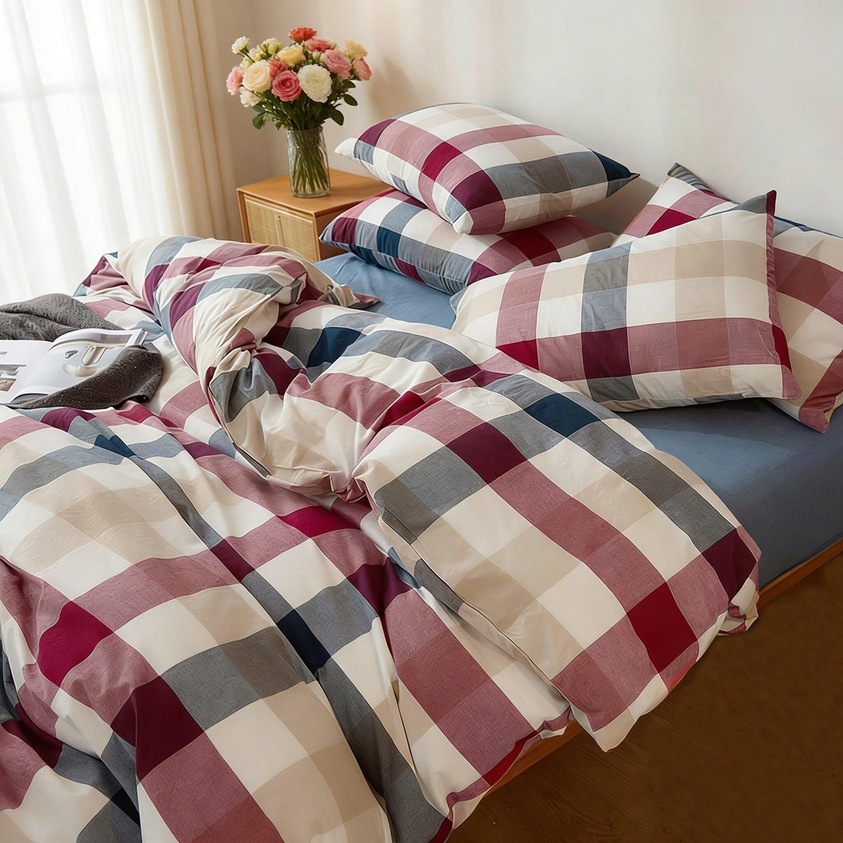 Buffalo Plaid Duvet Cover Set 3 Piece 100% Washed Cotton Linen Feel Farmhouse Bedding Comfy Breathable (Red Blue