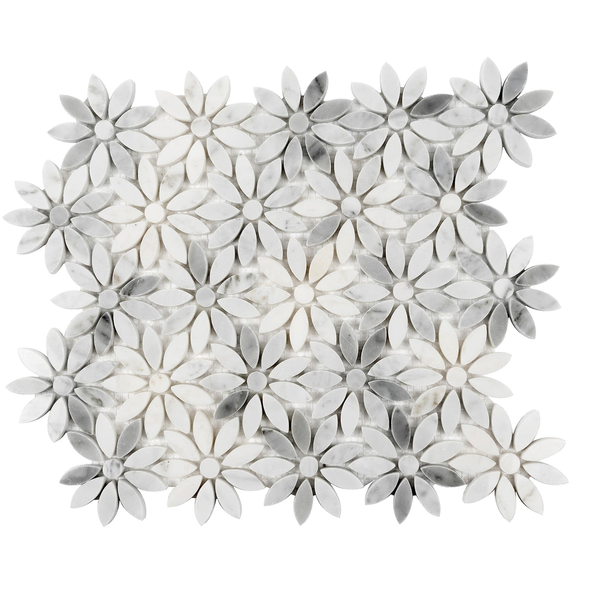 Flower Pattern Marble Mosaic Tile - 4.46 sq ft Box of 5 Sheets - White Gray Bianco Carrara Polished 10.7x12 in Mesh