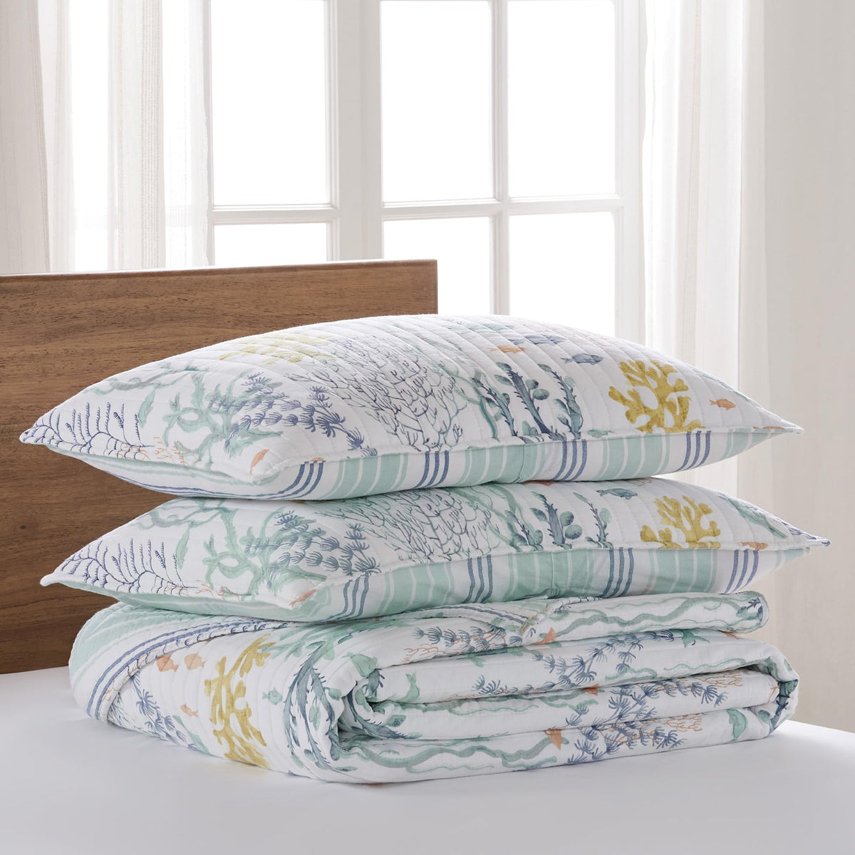 Ocean Meadow Quilt Set - Quilt and One Standard Sham - Coastal - Teal, Blue, Coral, White and Ochre - Quilt