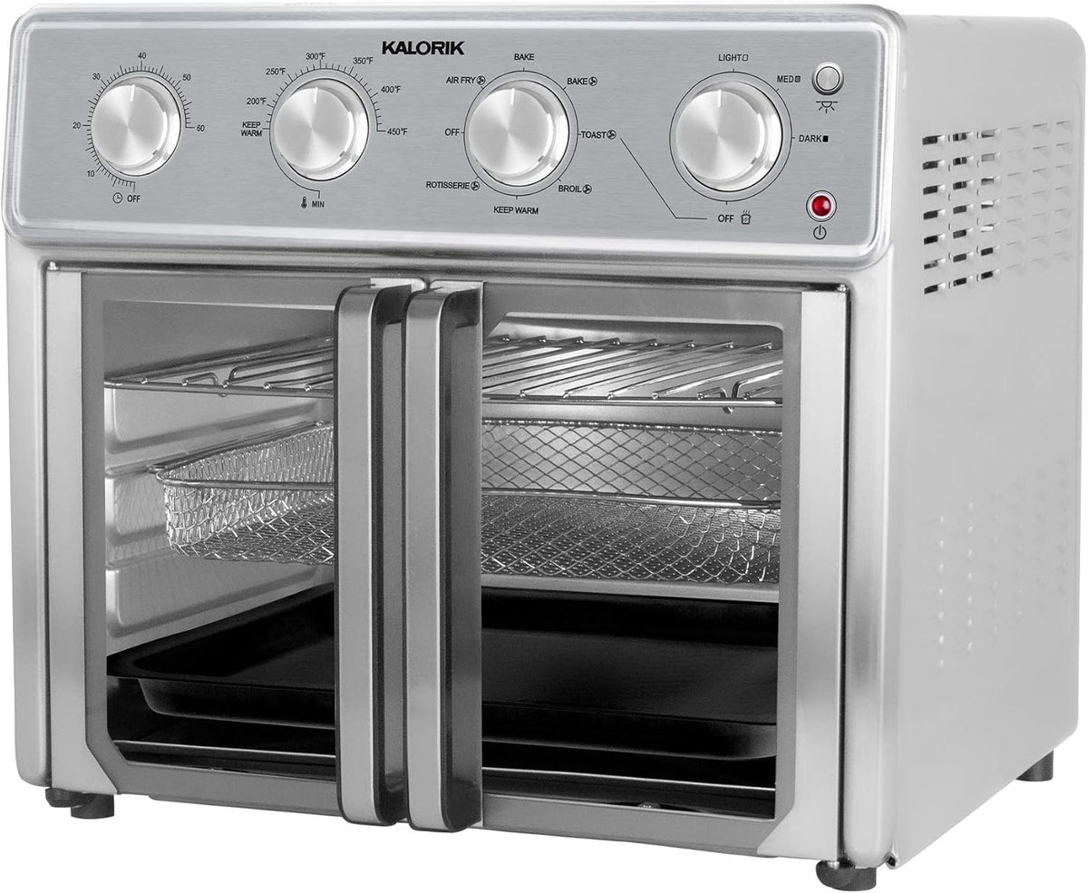 MAXX Air Fryer Oven, 26 Quart 9-in-1 Countertop Toaster Oven and Air Fryer Combo - Fry, Bake, Roast, Rotisserie, & More, Large Glass French Doors & 7 Accessories, 1700-Watts, Stainless Steel
