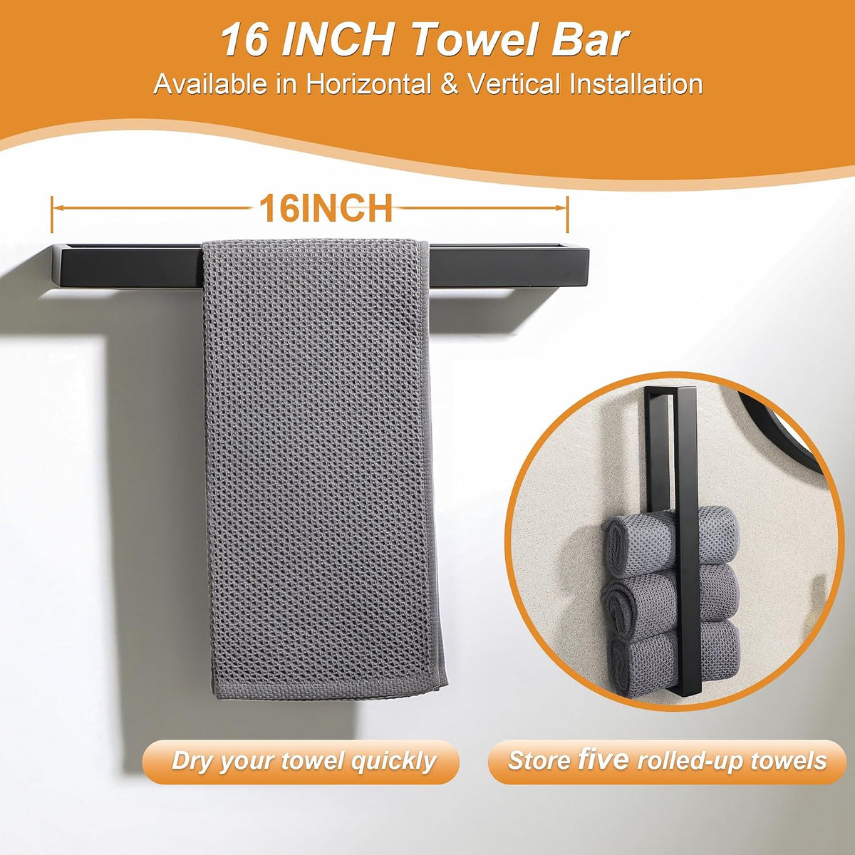 7-Piece Bathroom Hardware Set Black, Includes 16 Inch Towel Bar, Towel Ring, Toilet Paper Holder & 4Pcs Coat Hooks