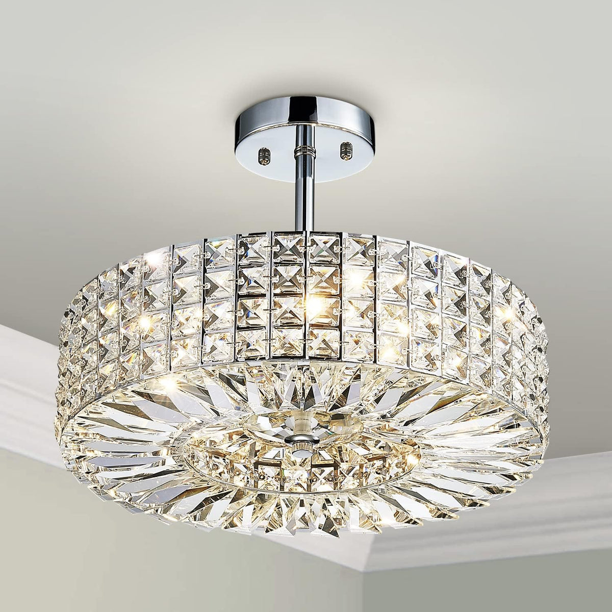 5-Light Modern K9 Crystal Semi-Flush Chandelier for Bedrooms and Dining Rooms