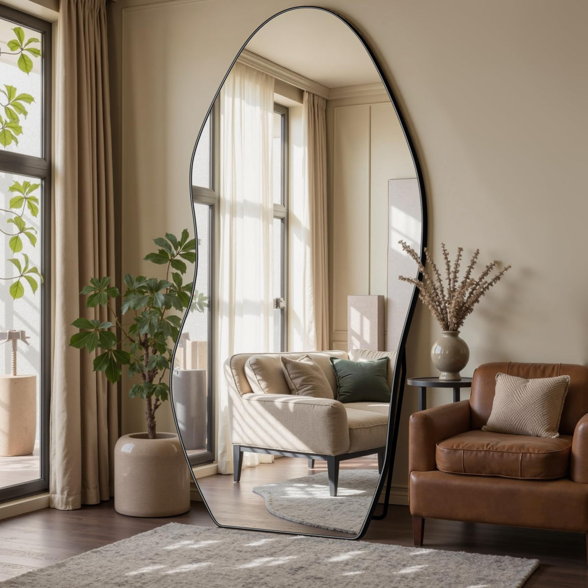Irregular Full Length Mirror, 76"x36" Asymmetrical Floor Mirror with Stand, Standing Hanging Leaning Irregular