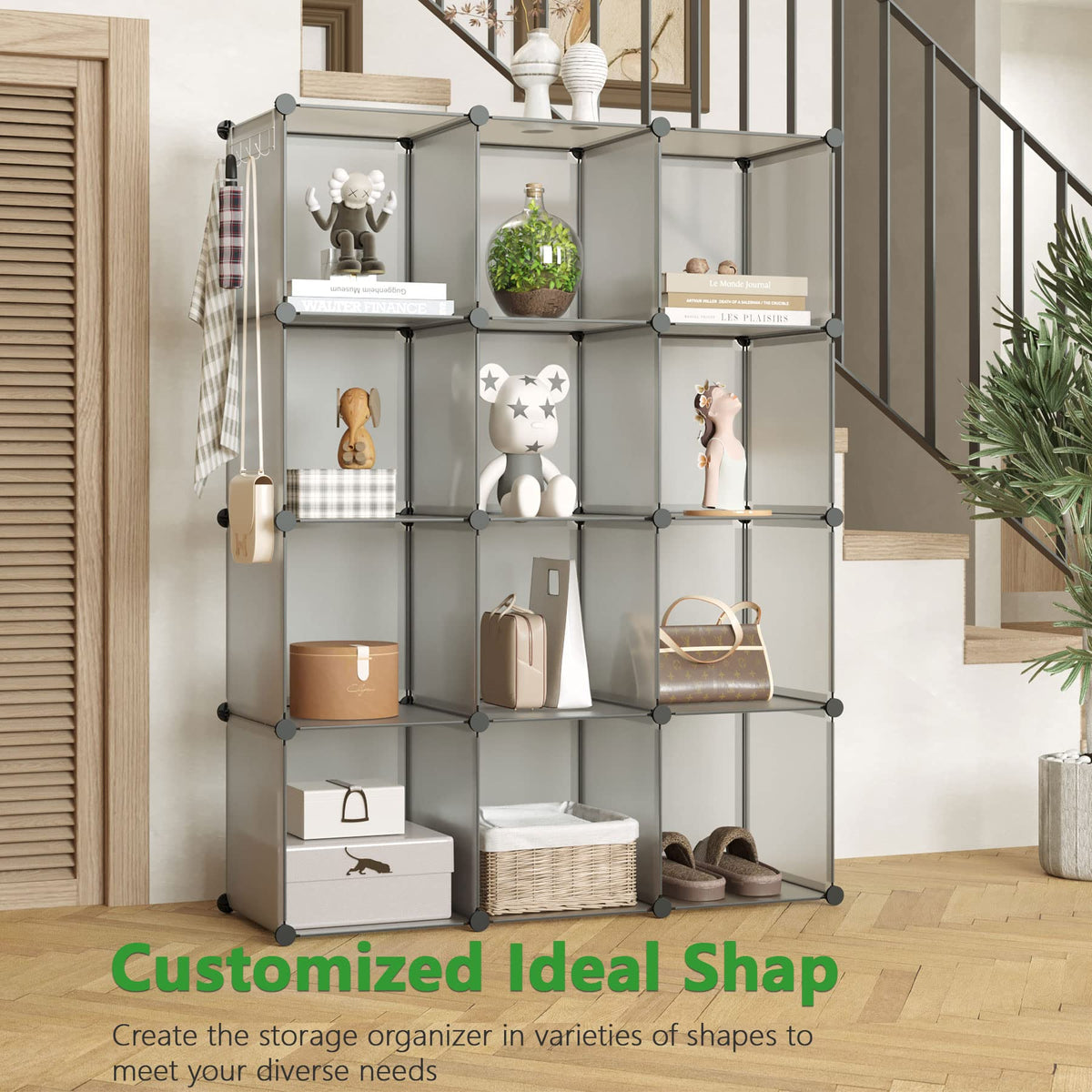 Cube Storage Organizer, 12-Cube Shelf Units, Closet Cabinet Grey