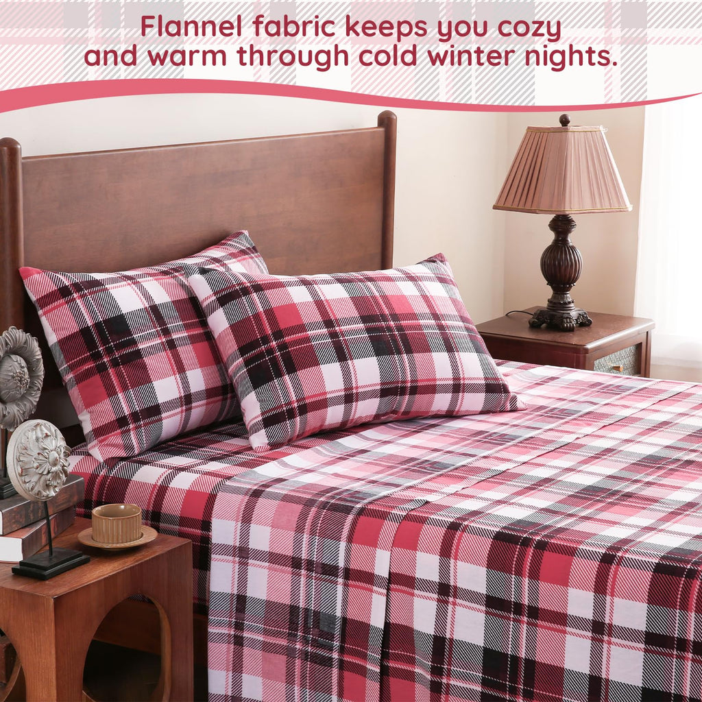 100% Cotton Flannel Sheet Set, Heavy-Duty Fluffy Flannel Design 4 Pieces, Thermal Lock Technology, 16 inch