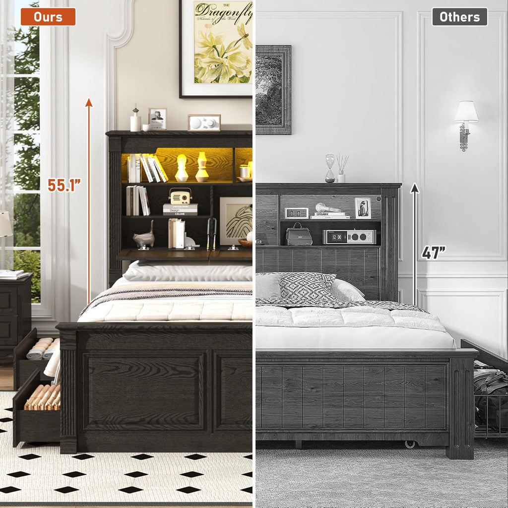 Farmhouse Bed Frame with 55" Tall Storage Headboard & 4 Drawers, Wood Roman Column Platform Bed Frame with
