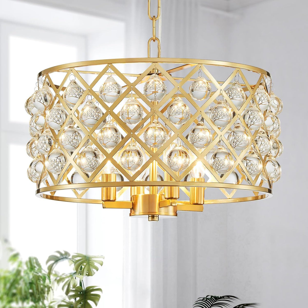 4-Light Gold Crystal Chandelier for Dining Rooms, Modern Glam Hanging Fixture