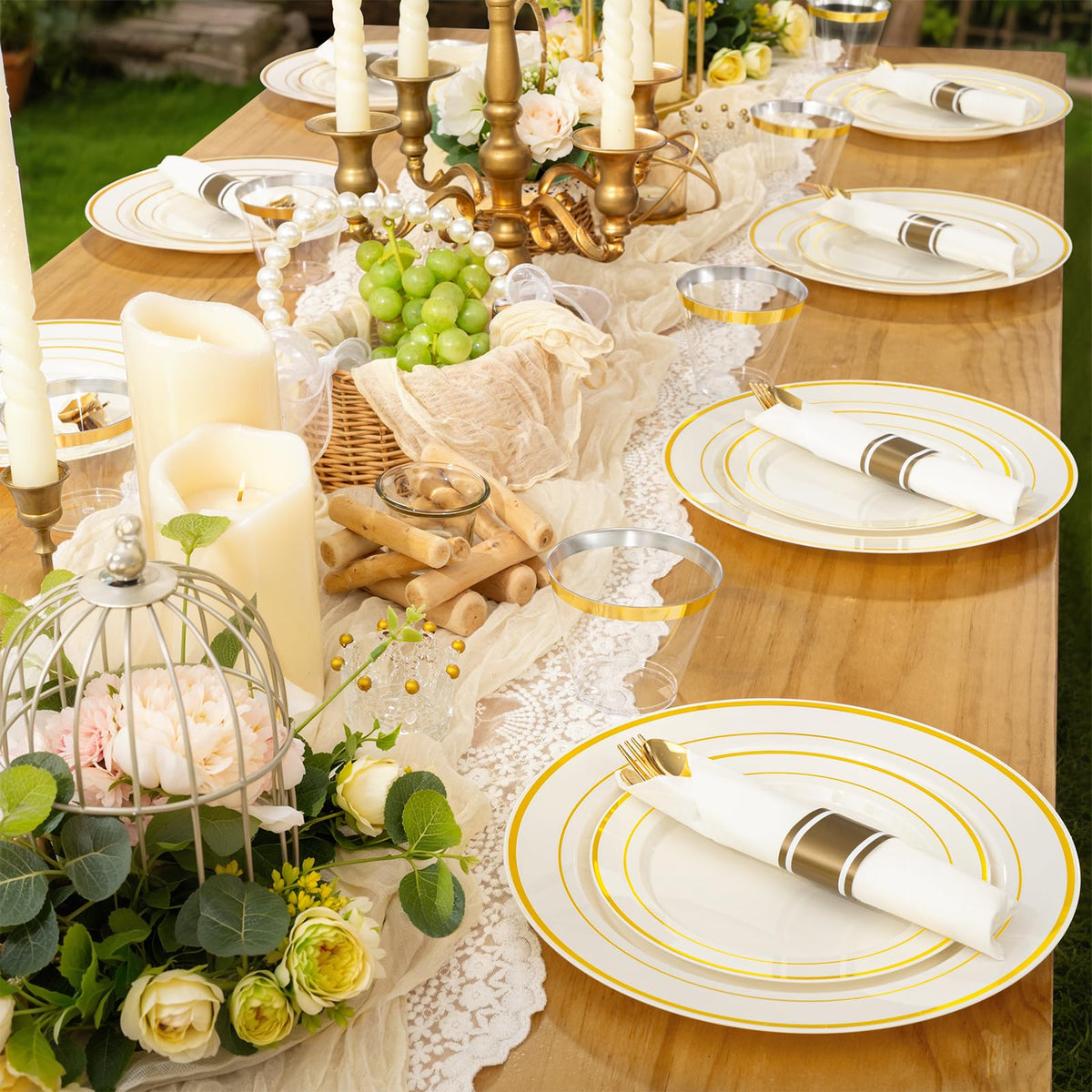 Ivory Plastic Plates for 50 Guests -Thanksgiving Plates, Thanksgiving Decorations, Disposable Plate for Party