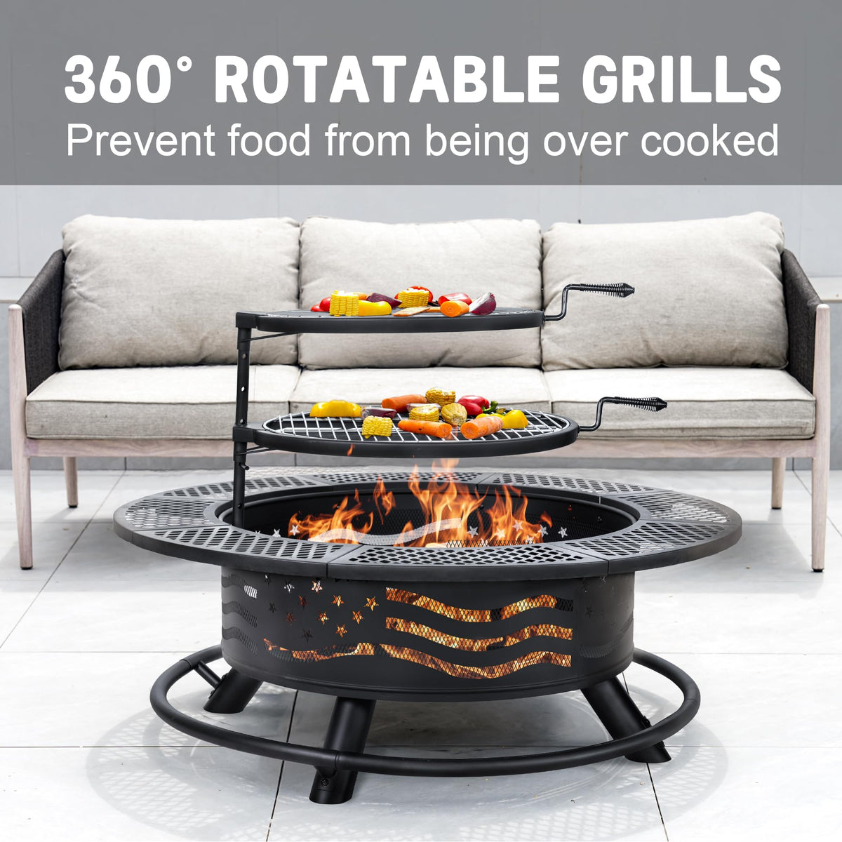 42 Inch Fire Pit with 2 Cooking Grills and Table Lid