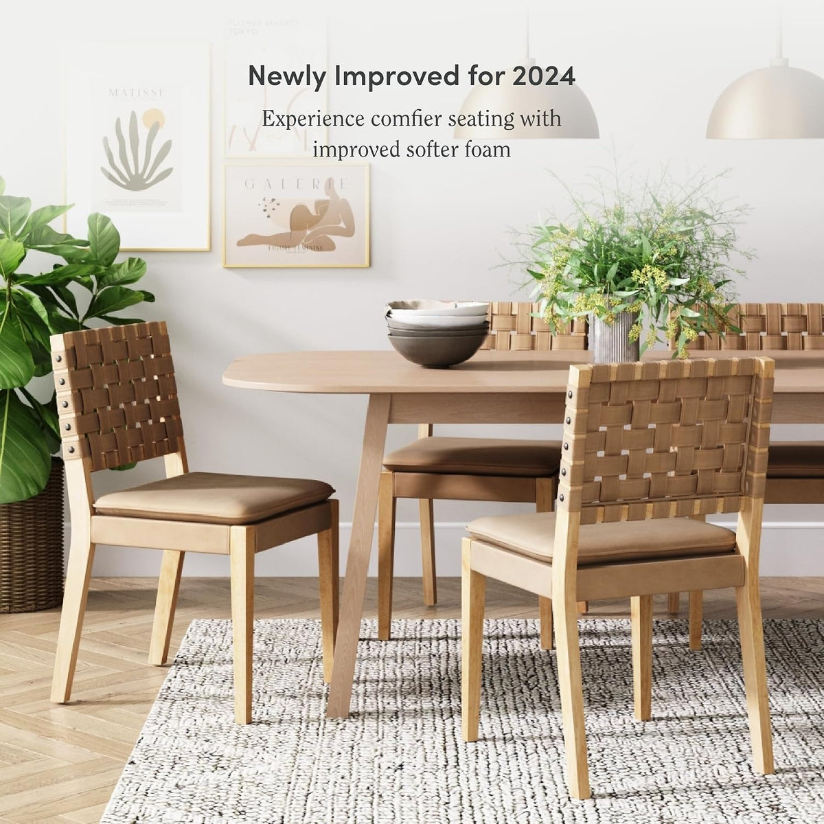 Wood Dining Chair, Mid-Century Modern Upholstered Side Chair with Hand Woven Faux Leather Backrest, 20"D x 18"W