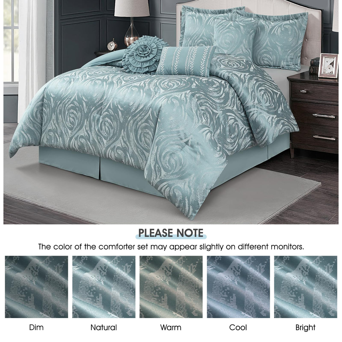 Blue 7 Piece Comforter Set, Elegant Floral Jacquard, Ultra Soft Bed Set for All Seasons, Bed in a Bag, Include