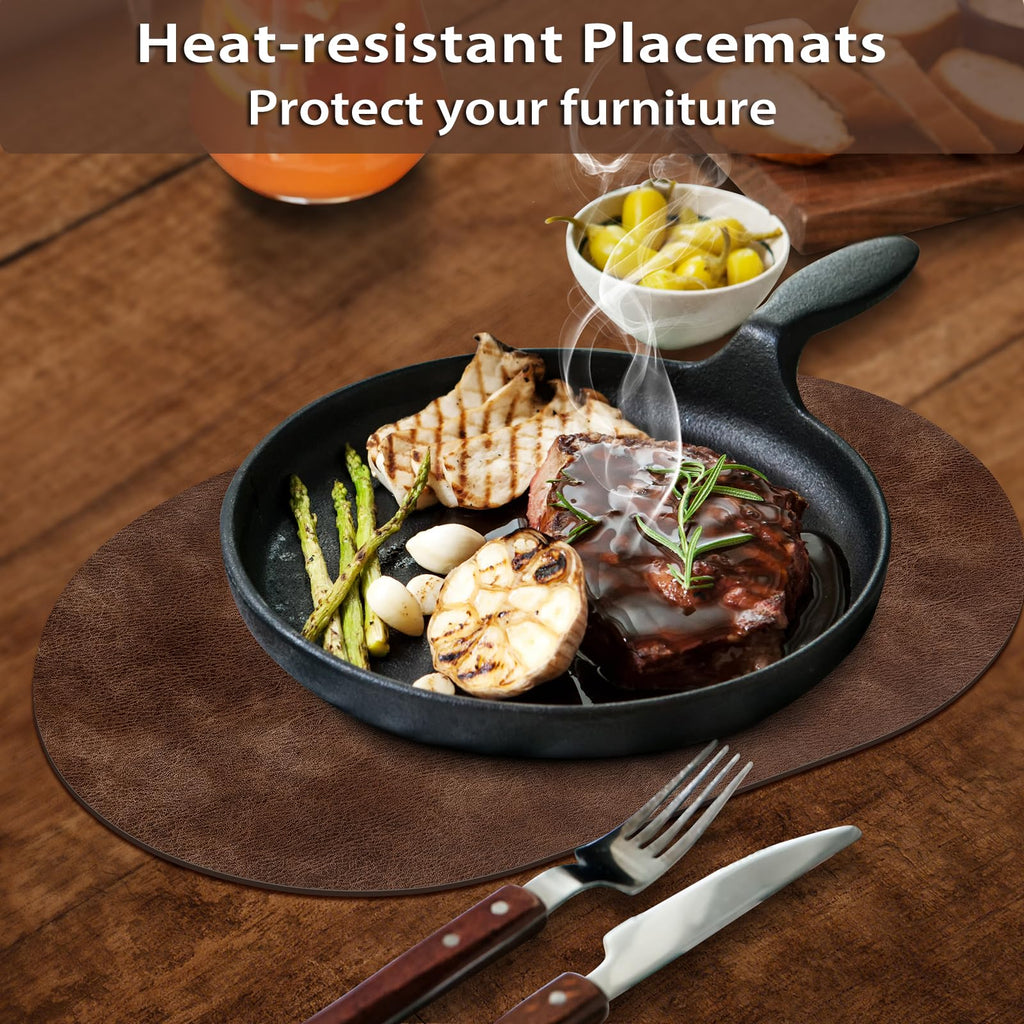 Oval Placemats Set of 12, Wipeable Faux Leather, Brown