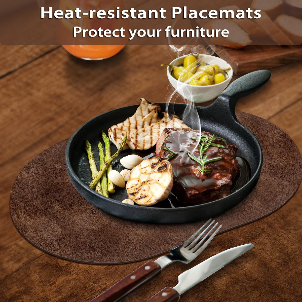 Oval Placemats Set of 12, Wipeable Faux Leather, Brown
