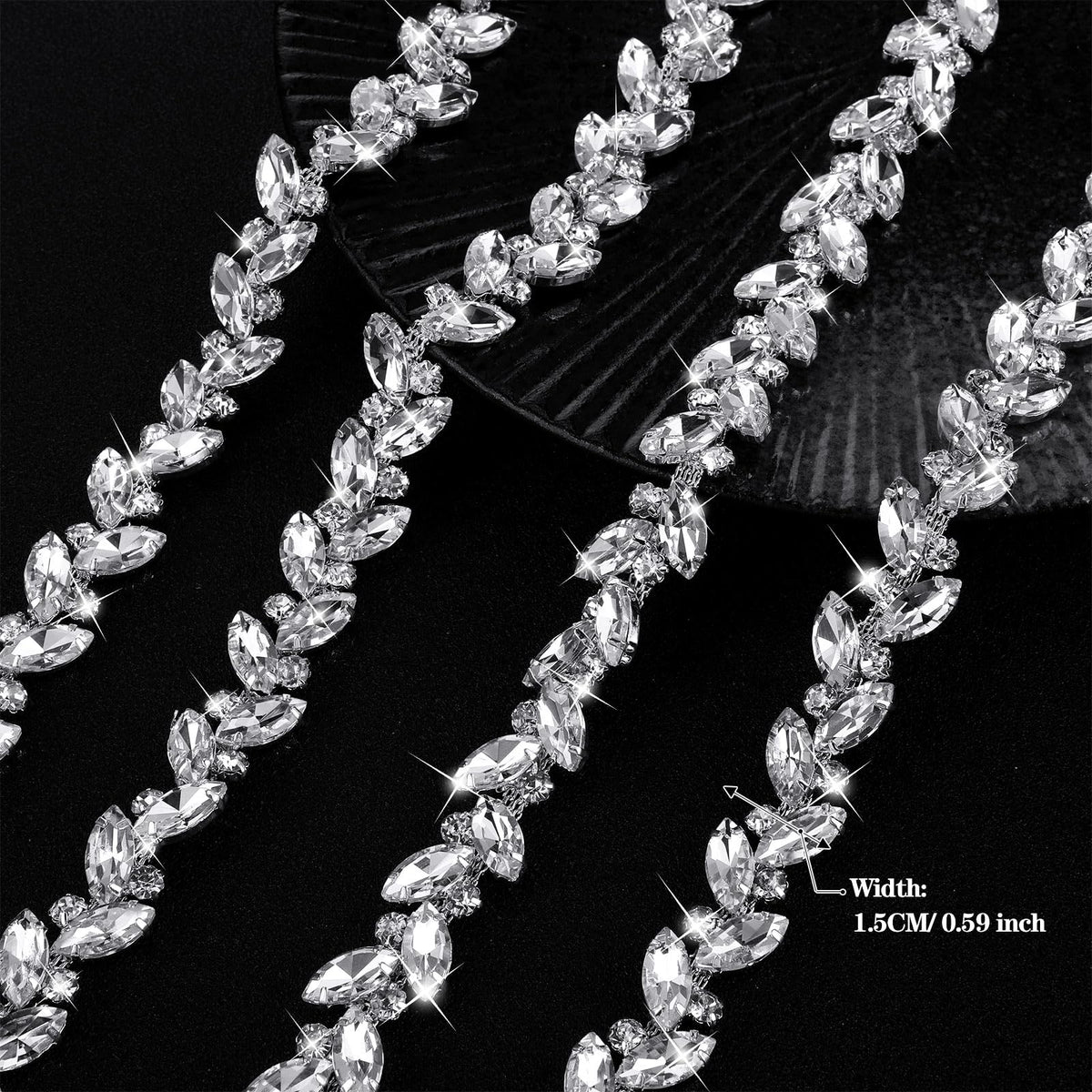 Crystal Rhinestone Chain Trim Leaf Flower Sewing, 3 Yards, Silver