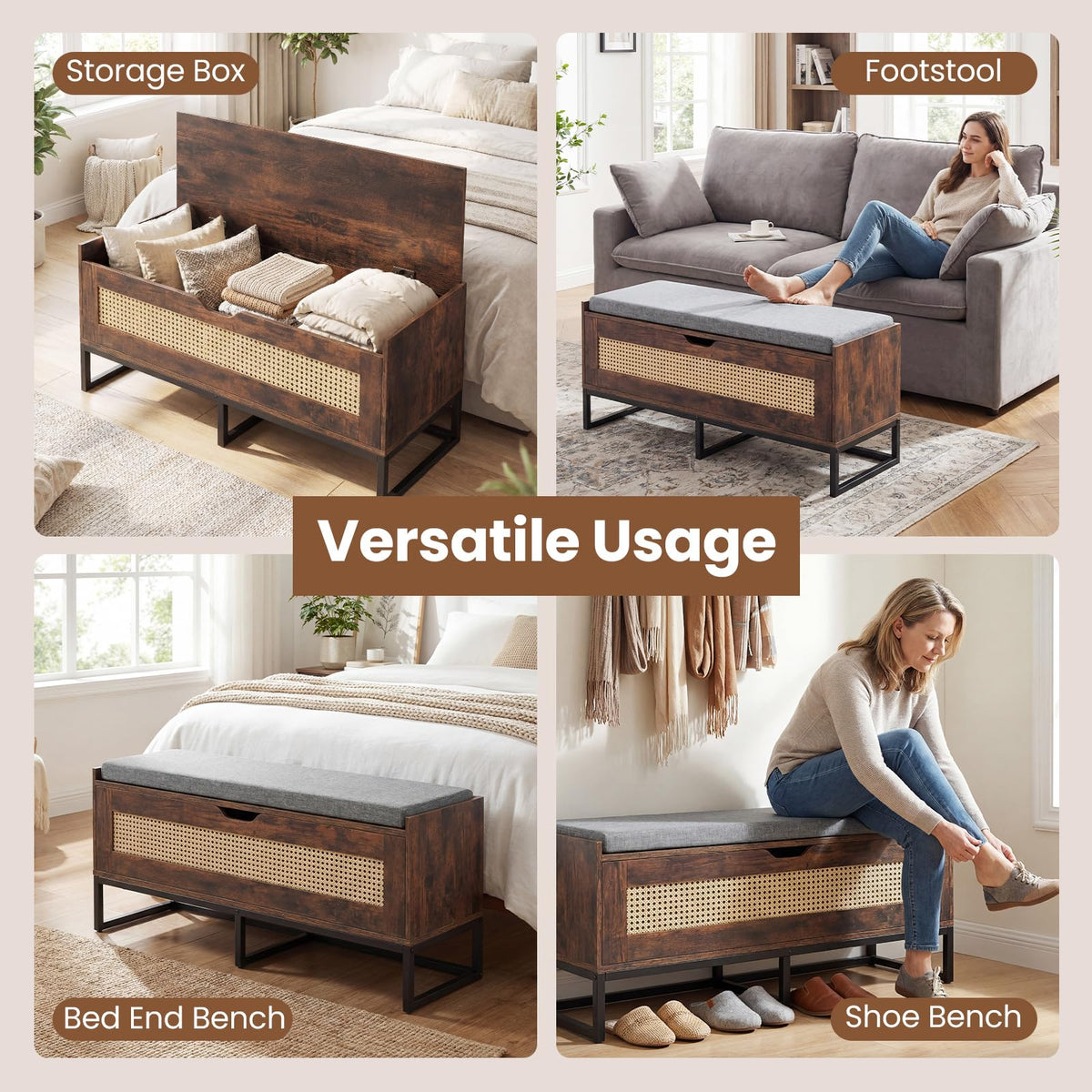 Rattan Shoe Bench, Flip-Top Entryway Bench with Removable Padded Seat & Hidden Storage, Wooden Shoe Storage Chest