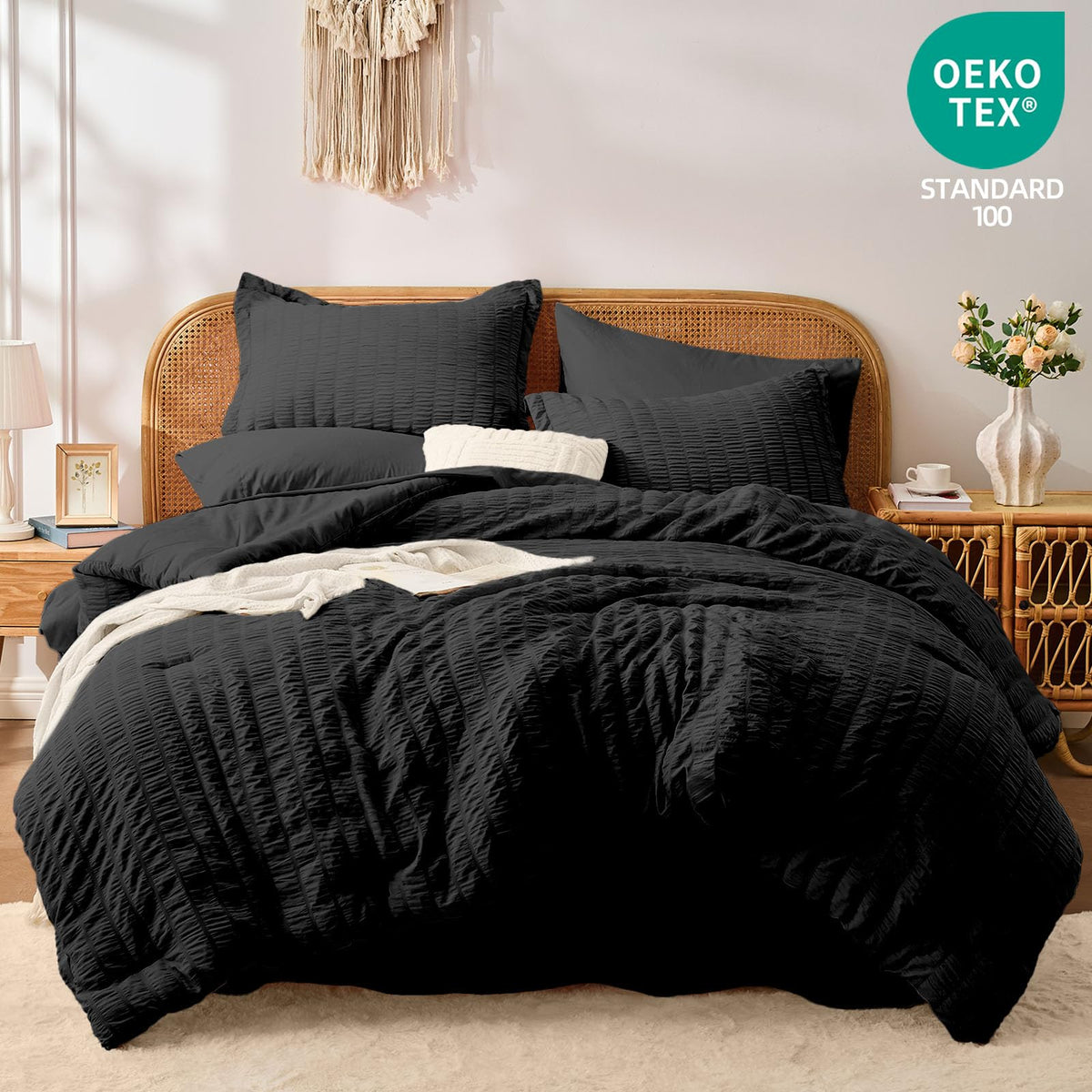 Black Comforter Sets with Sheets, 7 Pcs Seersucker Bed Set
