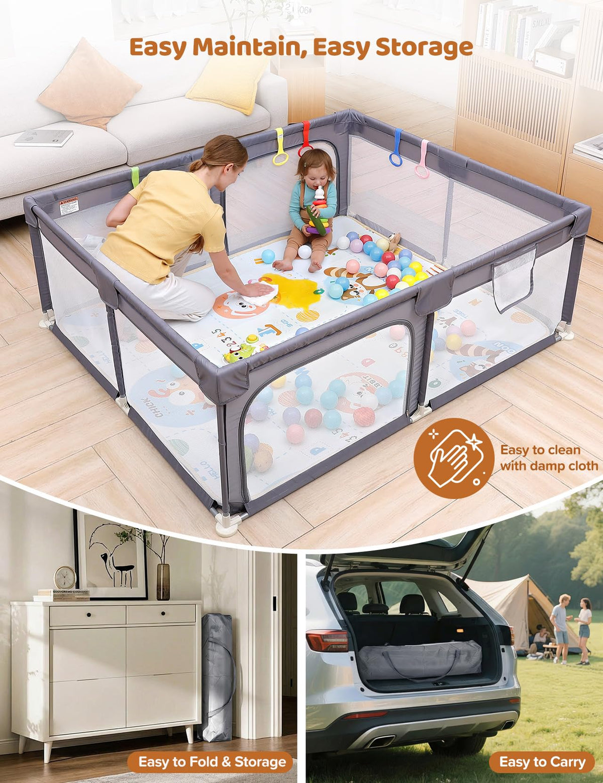 Baby Playpen, 71"x59" Play Pen for Babies, Grey