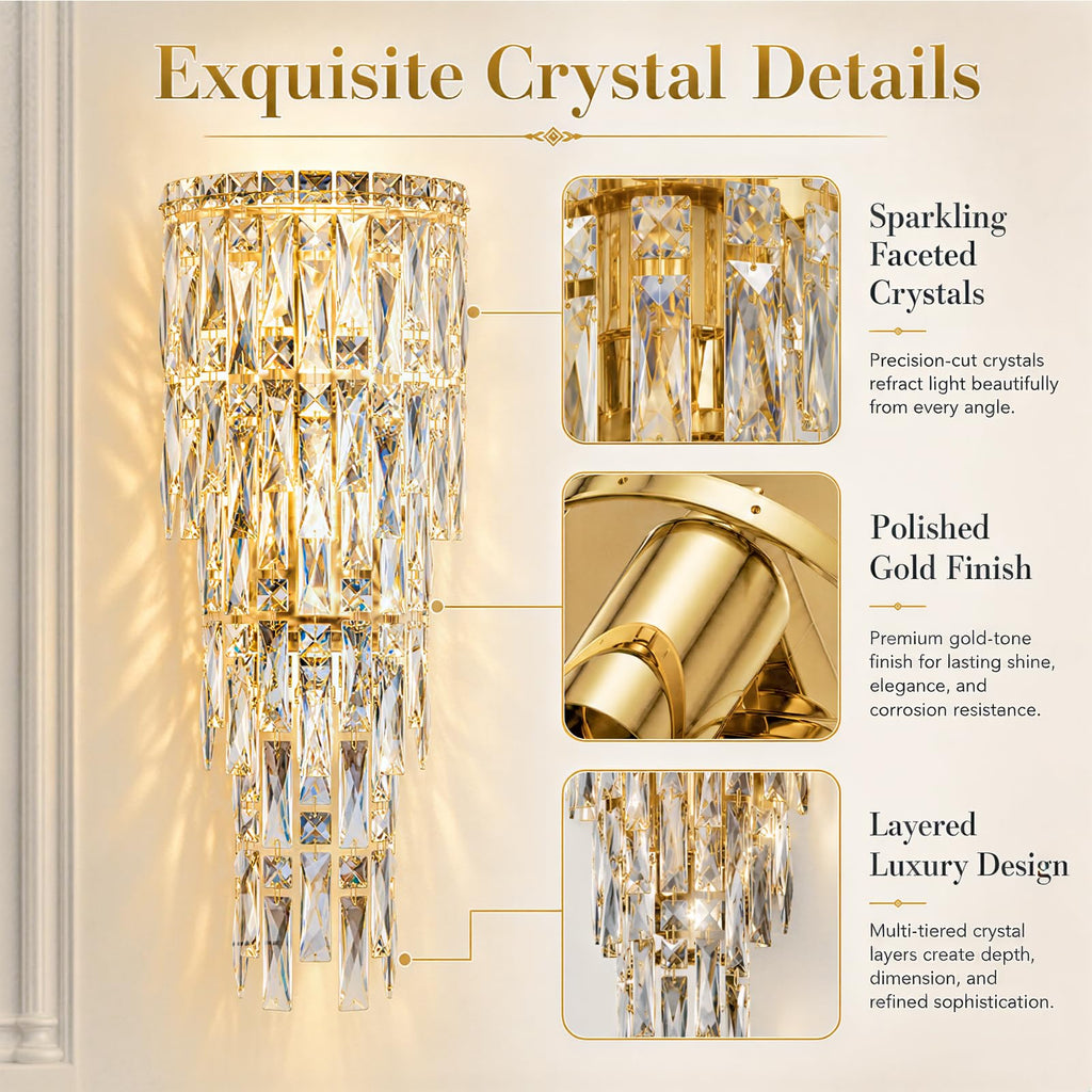 Modern K9 Crystal Wall Sconce,Gold Finish Wall Light Fixture Acrylic Crystal Drops Wall Lamp Bedside Light 3 Tiers