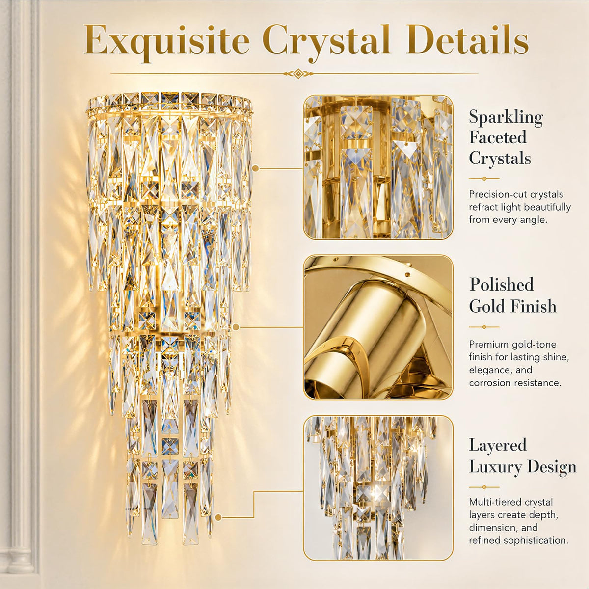 Modern K9 Crystal Wall Sconce,Gold Finish Wall Light Fixture Acrylic Crystal Drops Wall Lamp Bedside Light 3 Tiers