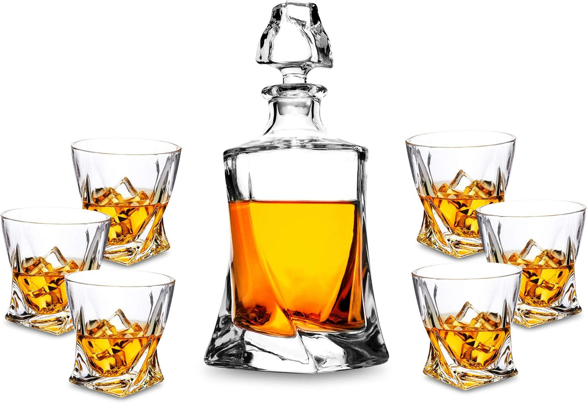 Whiskey Decanter Set Liquor Decanter with 6 Old Fashioned Glasses