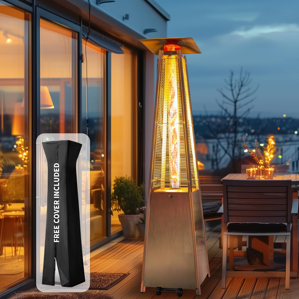 Flame Pyramid Pool Heater, Stainless Steel Triple Safety Protection Patio Heater with Patio Cover, Warm Glass Tube