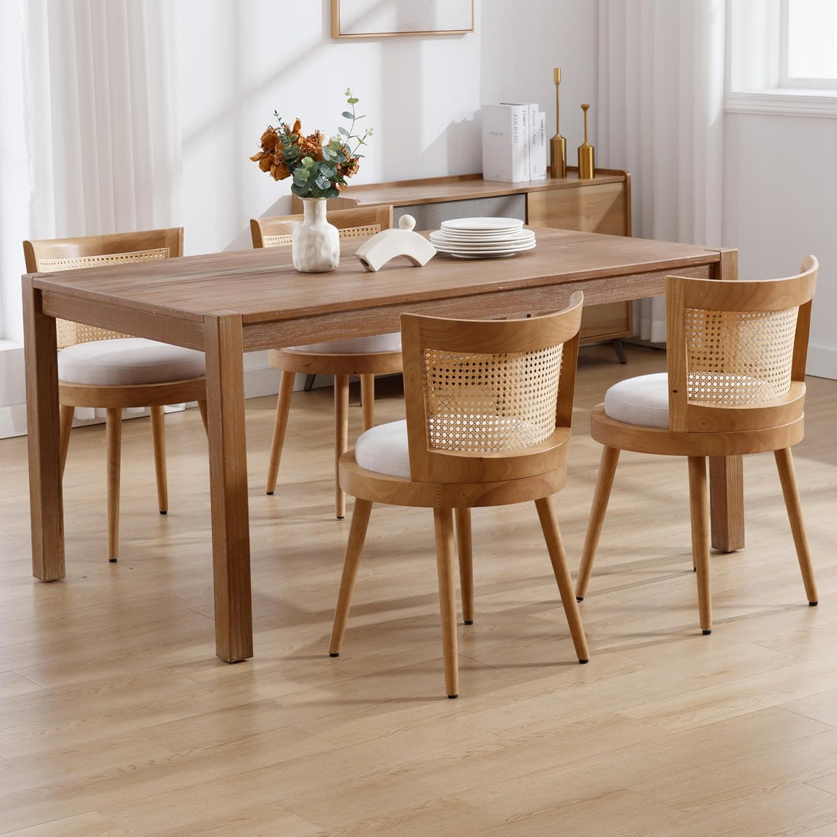 Modern Farmhouse Rattan Dining Chairs Set of 4, Natural Wood Kitchen Chairs with Beige Linen Upholstery and Cane Back for Dining Room