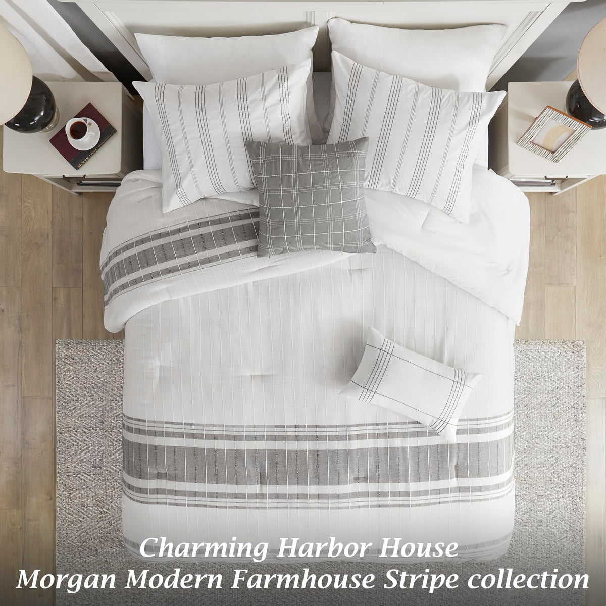 Comforter Set, Stripes Clipped Jacquard, Soft Cotton Oversized Comforter for a -Size Bed, Farmhouse Bedding