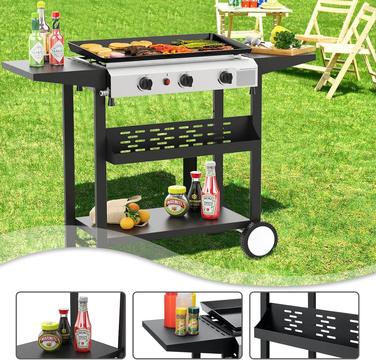 2-Burner Outdoor Propane Gas Griddle, 17-Inch Flat Top Grill, 20,000 BTU Portable Griddle with Side Shelves