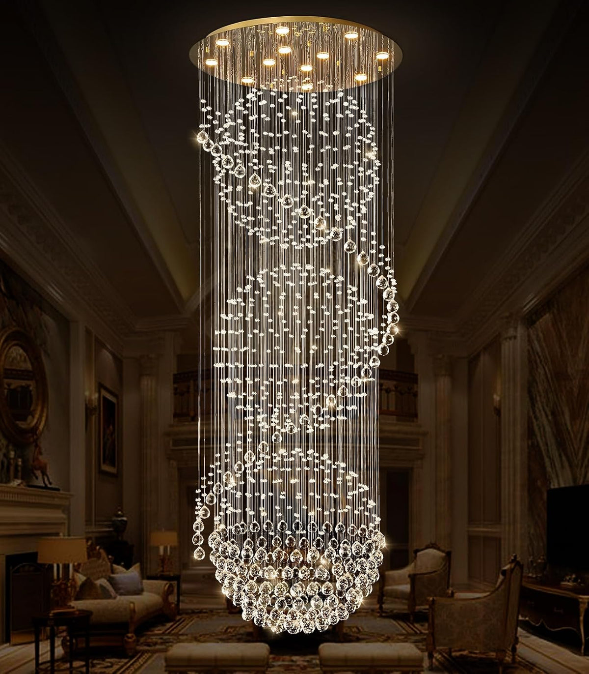32-Inch Wide, 100-Inch Tall Crystal Chandelier for High-Ceiling Entryways
