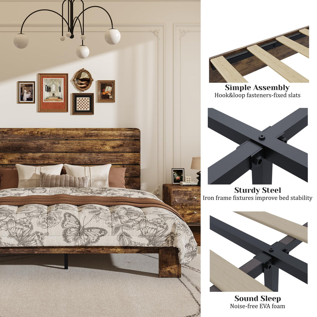 Wooden Bed Frame with Headboard, Rustic Farmhouse Platform Bedframe with Wood Slat Support, Sturdy and No